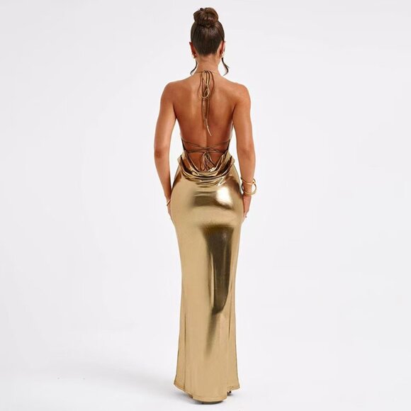 Gold Preppy Women's Evening Dress With Waist Pleats And Mermaid Hem - Picture 9 of 14